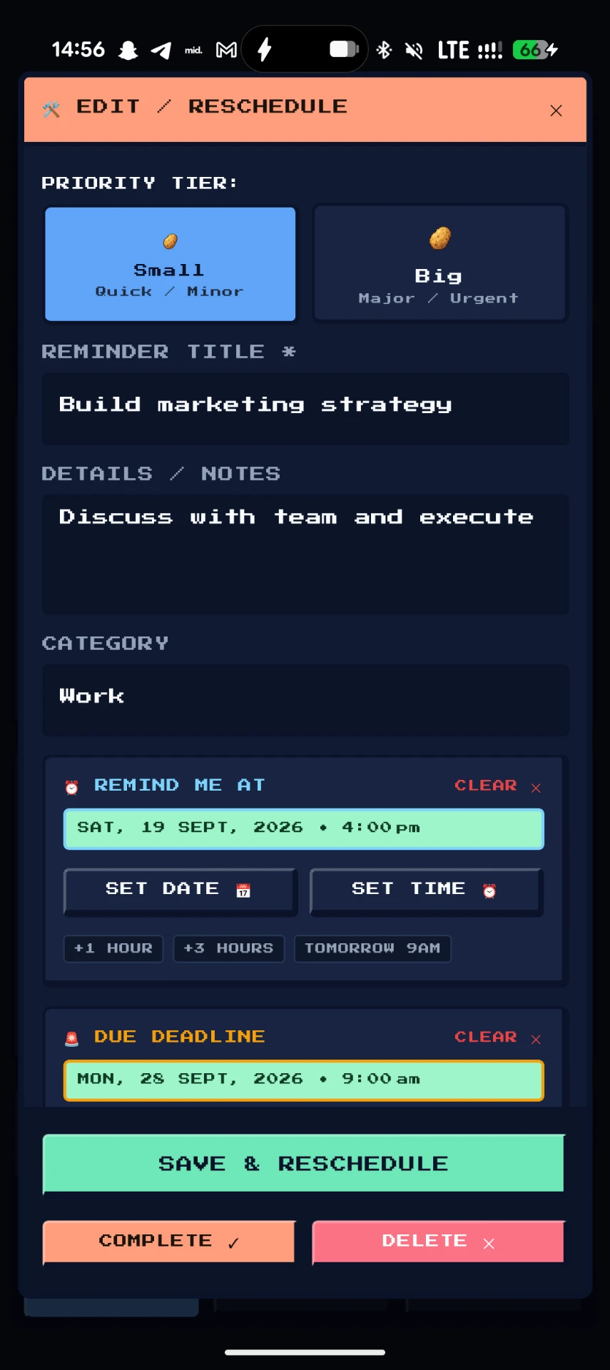 Edit and reschedule screen with reminder and deadline controls