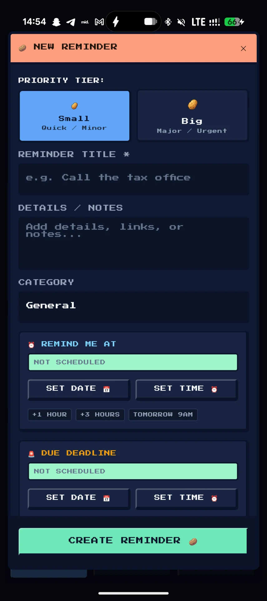 New reminder form with priority, notes and date controls