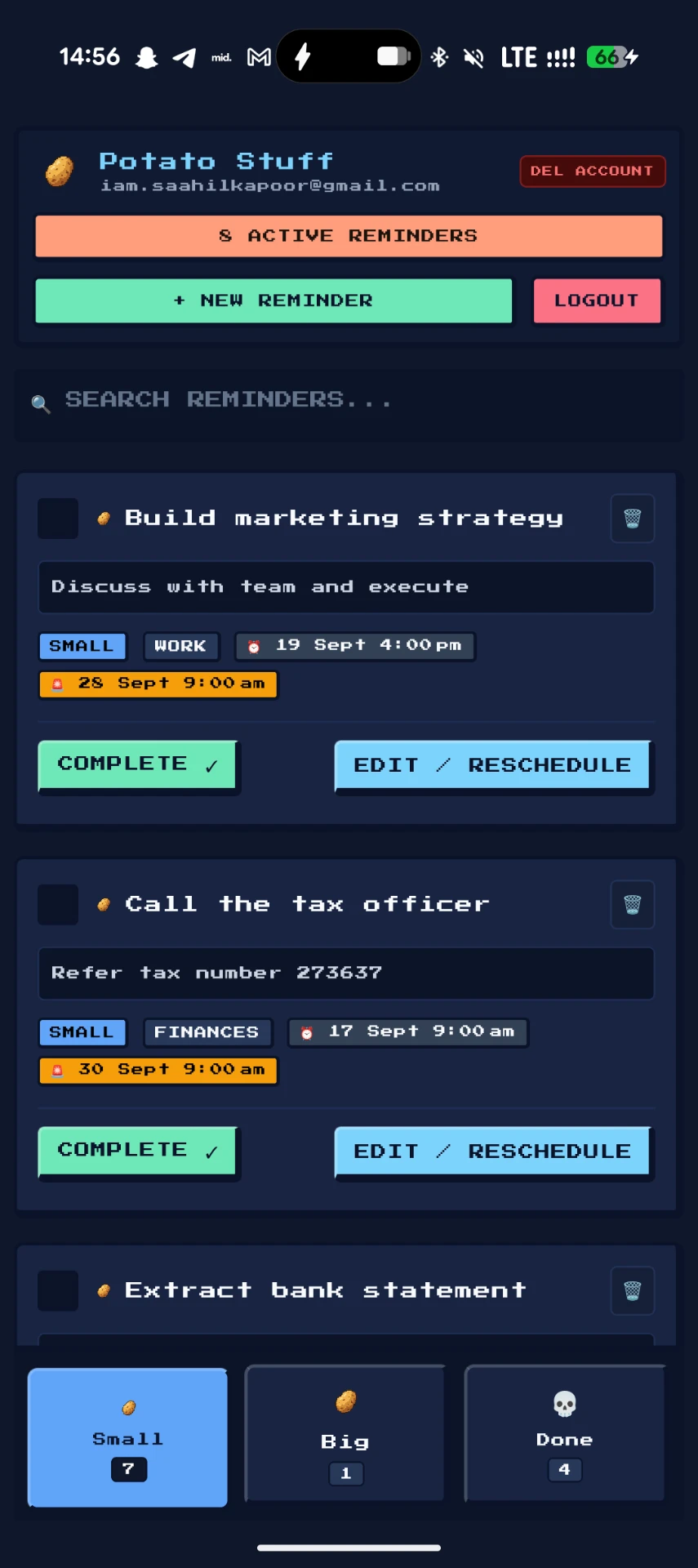 Potato Stuff task list showing small and big task cards